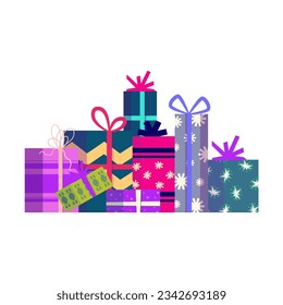 Gift Christmas present stack. Colorful group box with ribbon. Holiday xmas giftbox stack. Cartoon vector illustartion. Gift xmas pile.