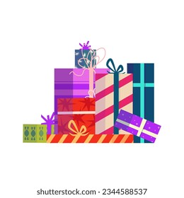 Gift Christmas present stack. Colorful group box with ribbon. Holiday xmas giftbox stack. Cartoon vector illustartion. Gift xmas pile.