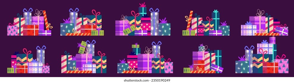 Gift Christmas present stack. Colorful group box with ribbon. Holiday xmas giftbox stack. Cartoon vector illustartion. Gift xmas pile.