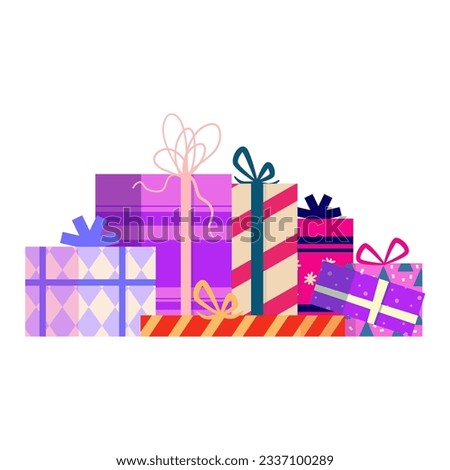 Gift Christmas present stack. Colorful group box with ribbon. Holiday xmas giftbox stack. Cartoon vector illustartion. Gift xmas pile.