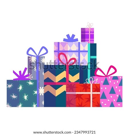 Gift Christmas present stack. Colorful group box with ribbon. Holiday xmas giftbox stack. Cartoon vector illustartion. Gift xmas pile.