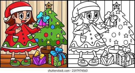Gift And Christmas Tree Coloring Page Illustration