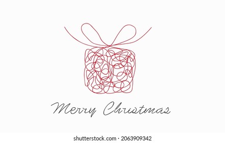 A gift for Christmas. Vector scrawl of a box with bow. Linear and handwrited style for card and greeting