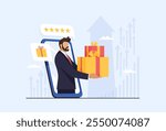 Gift to the client, bonus or promotion, SEO promotion of goods. Man on the smartphone screen gives a gift to the client as a thank you or apology. Gift certificate. Flat vector illustration.
