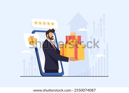 Gift to the client, bonus or promotion, SEO promotion of goods. Man on the smartphone screen gives a gift to the client as a thank you or apology. Gift certificate. Flat vector illustration.