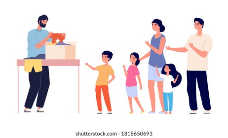 Gift clothes for large family. People need textile for children, volunteer and parents with kids. Donations for poor family vector illustration