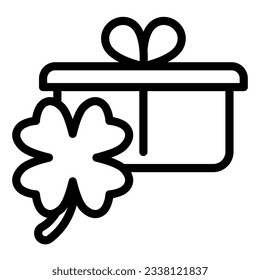 Gift with clover line icon. Present box with Irish shamrock fortune leaf outline style pictogram on white background. Happy Saint Patrick signs for mobile concept and web design. Vector graphics