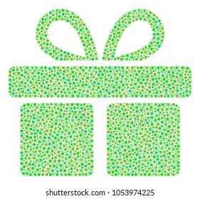 Gift collage of dots in different sizes and fresh green color tinges. Dots are united into gift vector mosaic. Ecology vector illustration.