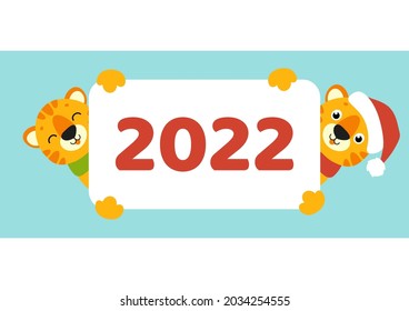 Gift color greeting card. Tiger simbol in a santa hat. Cute cartoon character. Happy New Year and Merry Christmas. Animal holding white blank poster. Flat style. Vector illustration.