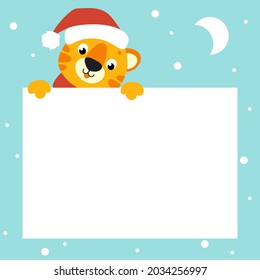 Gift color greeting card. Tiger simbol in a santa hat. Cute cartoon character. Happy New Year and Merry Christmas. Animal holding white blank poster. Flat style. Vector illustration.
