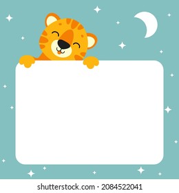 Gift color greeting card. Tiger sleep. Cute cartoon character. Animal holding white blank poster. Flat style. Vector illustration.