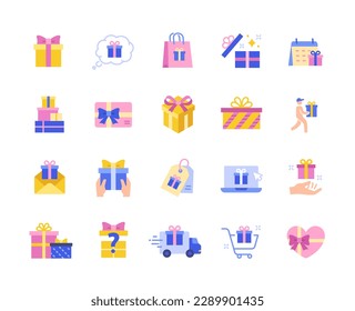 Gift color icons set. Gift card and voucher, coupon with bonuses. Prizes for regular customers. Special offer to holiday and festival. Cartoon flat vector collection isolated on white background