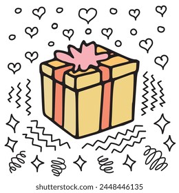 Gift in a colored box with a bow tie simple outline illustration. Single gift box contour sketch ready for surprise hand drawn logo. Birthday present and dessert pen drawing detail and decoration logo
