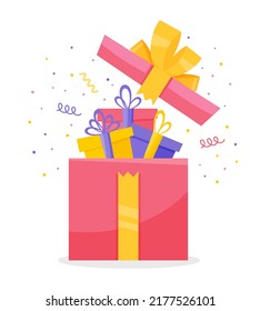 Cajas de color de regalo. Sorpresa en la caja de regalo rosa. Celebración de cumpleaños, entrega de paquetes, recompensa del programa de lealtad. Concepto de idea de regalo inusual de ilustración de vector