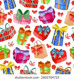 Gift colorful gift boxes with tied ribbons and bows. Holiday seamless pattern. Birthday presents. Surprise bowknots. Repeated print. Satin knots. Anniversary party