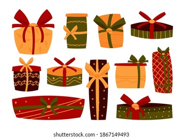 Gift colorful retro boxes set. Holiday present with ribbon in cartoon flat style. Christmas surprise. Celebration symbol New year. Happy Birthday concept element. Isolated on white vector illustration