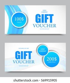 Gift company voucher template on two and one hundred dollars with blue circles and wavy curved pattern. Vector illustration