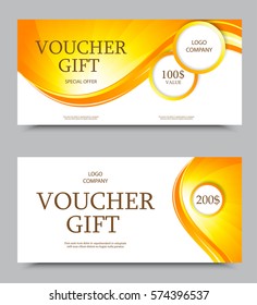 Gift company voucher template on one and two hundred dollars with circles and orange wavy swirl pattern. Vector illustration