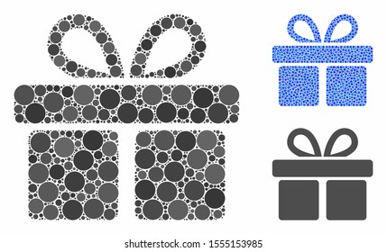 Gift composition of circle elements in different sizes and color tones, based on gift icon. Vector circle elements are organized into blue composition. Dotted gift icon in usual and blue versions.