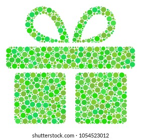 Gift composition of circle elements in various sizes and ecological green color tints. Vector round dots are composed into gift illustration. Eco design concept.