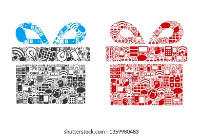 Gift composition icons organized for bigdata illustrations. Vector gift mosaics are organized from computer, calculator, connections, wi-fi, network icons into abstract compositions.