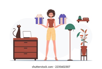 Gift concept for christmas or new year. A woman is holding a gift box.