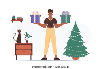 Gift concept for christmas or new year. A man holds a festive gift box in his hands.