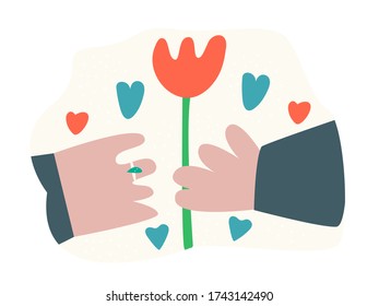 Gift concept in the form of a flower. A stylized image - a date or meeting and presenting a flower by one person to another. Love, romance, date. Vector graphics.