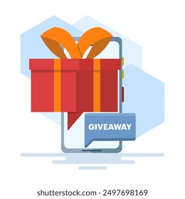Gift concept. Giveaway poster design for social media post or website banner. Gift box on smart phone screen Vector illustration. enter to win. Win a giveaway prize Gift box. vector illustration.