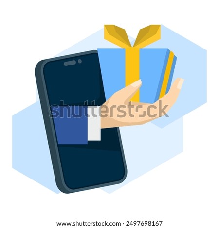 Gift concept. Giveaway poster design for social media post or website banner. Gift box on smart phone screen Vector illustration. enter to win. Win a giveaway prize Gift box. vector illustration.