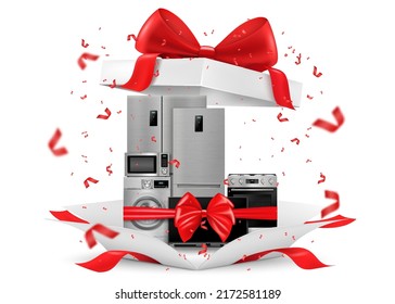 Gift concept, home appliances inside gift box. Refrigerator, microwave, TV, washing machine, gas stove, isolated on white background. 3D rendering. Realistic vector illustration