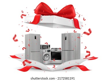 Gift concept, home appliances inside gift box. Refrigerator, microwave, food processor, TV, washing machine, gas stove, isolated on white background. 3D rendering. Realistic vector illustration svg
