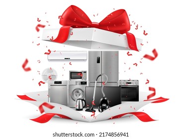 Gift concept  home appliances inside gift box  Refrigerator  microwave  food processor  TV  washing machine  gas stove  isolated white background  3D rendering  Realistic vector illustration