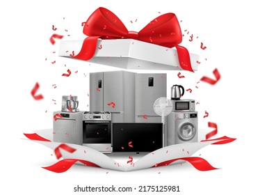 Gift concept  home appliances inside gift box  Refrigerator  microwave  food processor  TV  washing machine  gas stove  isolated white background  3D rendering  Realistic vector illustration