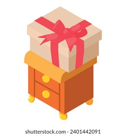 Gift concept icon isometric vector. Large closed box with bow on bedside table. Present, surprise