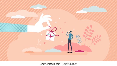 Gift concept,flat tiny person vector illustration.Stylized abstract scene with large hand giving gift and receiving man as customer or person in need.Charity donation or business loyalty program offer