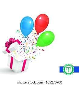 Gift with Confetti and Balloons. Vector Background