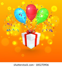 Gift with Confetti and Balloons. Vector Background