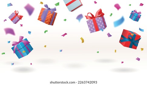 Gift and confetti banner. Present and surprise, discounts and promotions, special offer. Prizes and gifts, online shopping. Poster or banner for website. Realistic isometric vector illustration