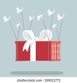 Gift container flying with bird