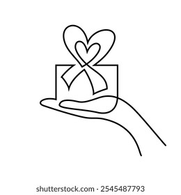 Gift in continuous line art drawing style. Hand holding gift box with heart shaped decorative ribbon bow. Black linear design isolated on white background. Vector illustration