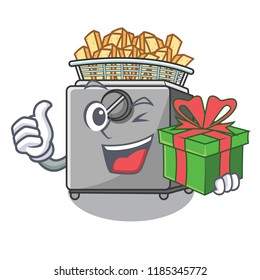 With gift cooking french fries in deep fryer cartoon