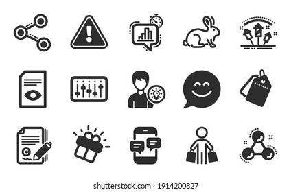 Iconos de regalo, Copywriter y Dj con el controlador simple. Señales de documento de temporizador de estadísticas, Comprador y Ver. Compartir, Ideas personales y Símbolos de venta. Juego de iconos planos. Vector