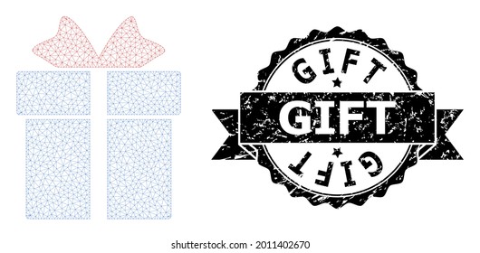 Gift corroded seal and vector gift mesh structure. Black seal contains Gift tag inside ribbon and rosette. Abstract flat mesh gift, designed with flat mesh.