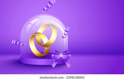 Ein Geschenk mit goldenem Ring Innen-Glass Globe mit Bow Ribbon auf glänzendem violettem Hintergrund und Platz für Ihre Nachricht.