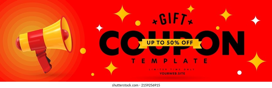 Gift coupon up to 50 percent off template. Special offer with limited time discount vector illustration with sparkling design for online marketing campaign promotion