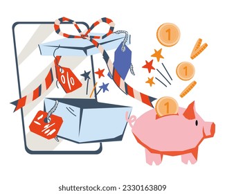 Gift coupon or bonus for loyalty program or online shopping, flat vector illustration isolated on white. Phone with gift box for discount card, coupon, voucher or certificate. Online reward and gifts.