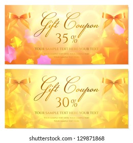 Gift coupon (card) template. Abstract stars pattern and bow (ribbons). Background design usable for voucher, invitation, certificate, diploma, ticket etc. Vector in golden (yellow) and orange colors