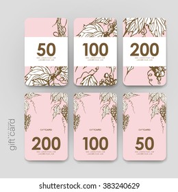Gift coupon, discount card template with  grapes ornament background. Creative layout design