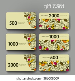 Gift coupon, discount card template with  autumn leaf ornament background. Creative layout design